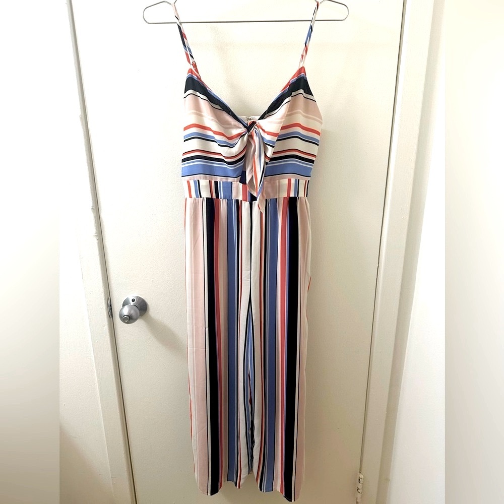 Express White Multicolor Striped Ankle Length Jumpsuit, Bow Tie Adjustable Strap